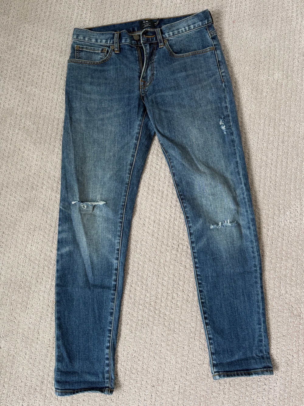 Club Monaco Men's Skinny Jeans in Mid Blue with Distressed Detailing
